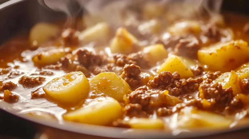 Close-up of hamburger potato soup cooking in a pot, with beef and potatoes simmering in a creamy broth.