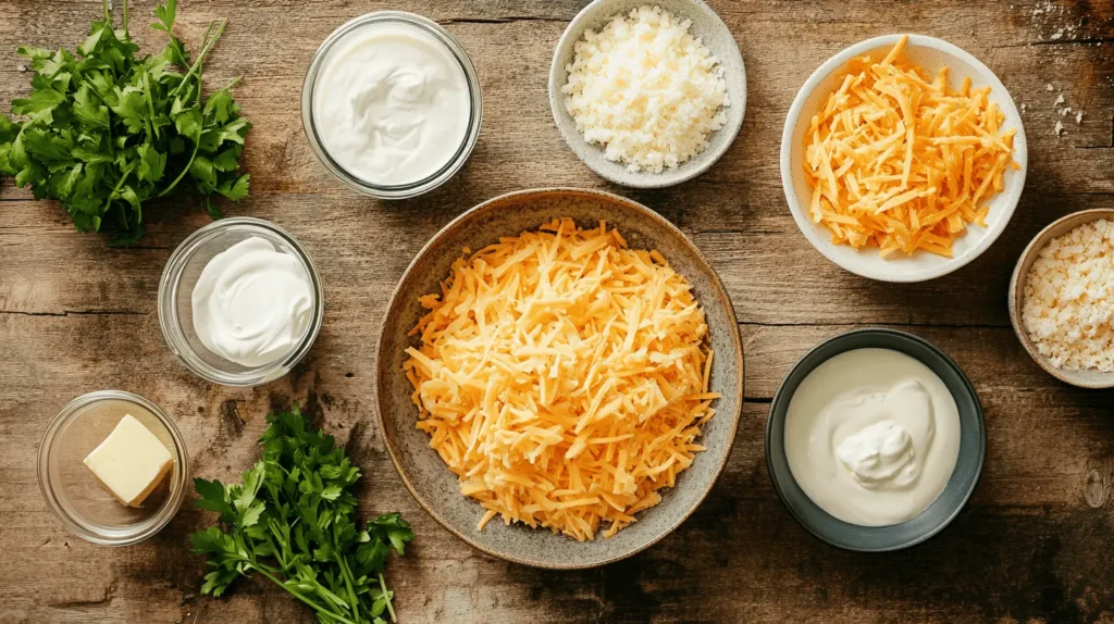 Ingredients for Hashbrown Casserole, including shredded hashbrowns, cheese, sour cream, cream of chicken soup, butter, onions, and crushed cornflakes.