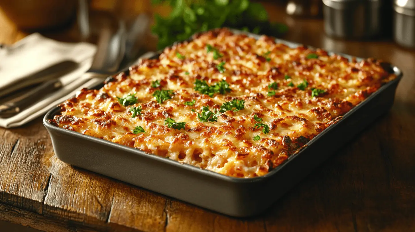 Golden baked hashbrown casserole with a crispy topping, served in a dish and garnished with parsley.