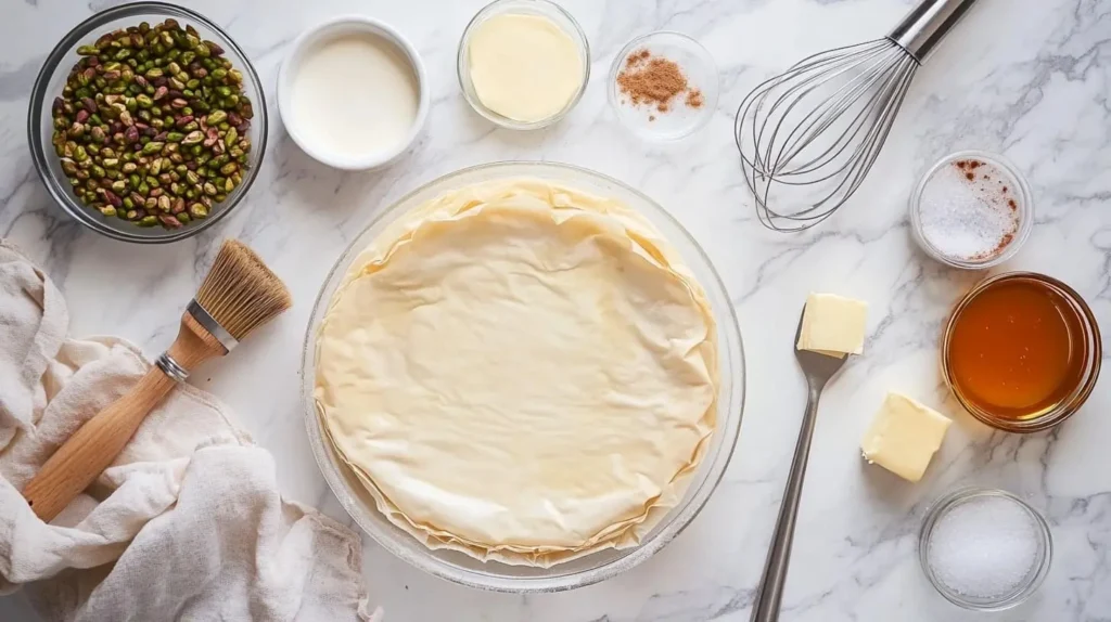 Ingredients for honey pistachio baklava cheesecake, including phyllo dough, cream cheese, pistachios, honey, butter, and sugar, on a marble surface.