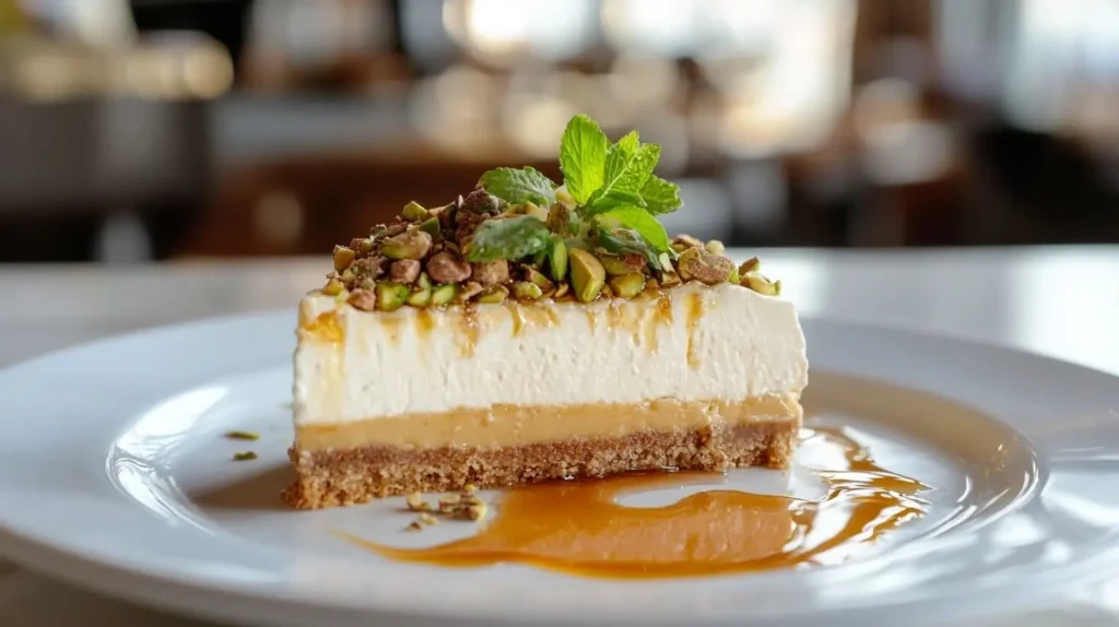 A slice of honey pistachio baklava cheesecake on a white plate, showcasing its flaky crust, creamy center, and pistachio topping.