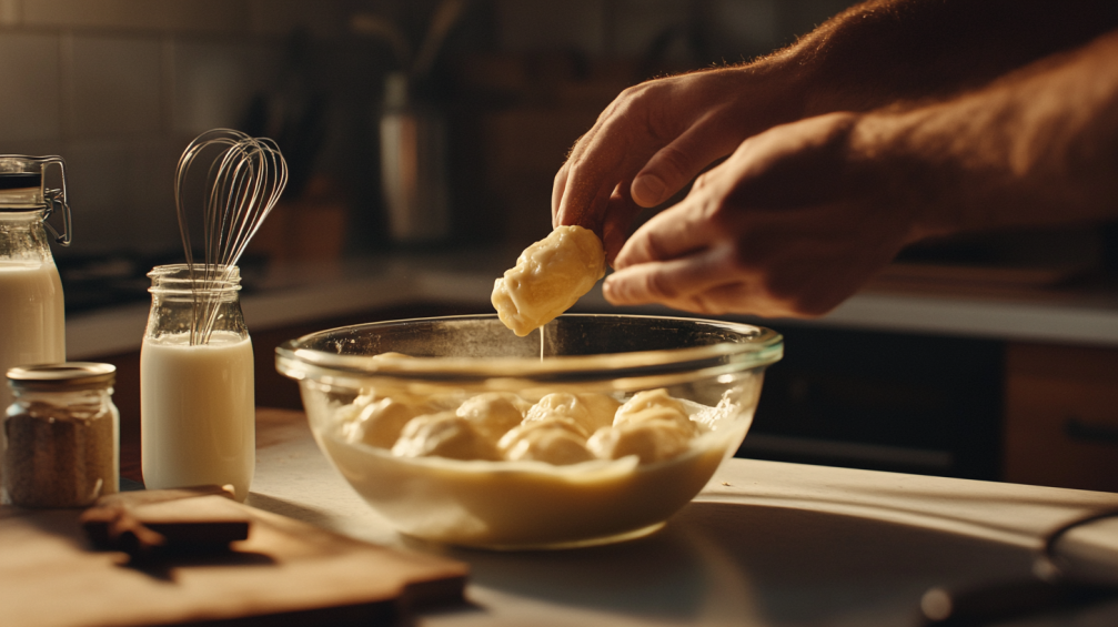 Hands dipping Hawaiian rolls into a creamy custard mixture in a glass bowl, surrounded by eggs, milk, and cinnamon on a kitchen countertop.