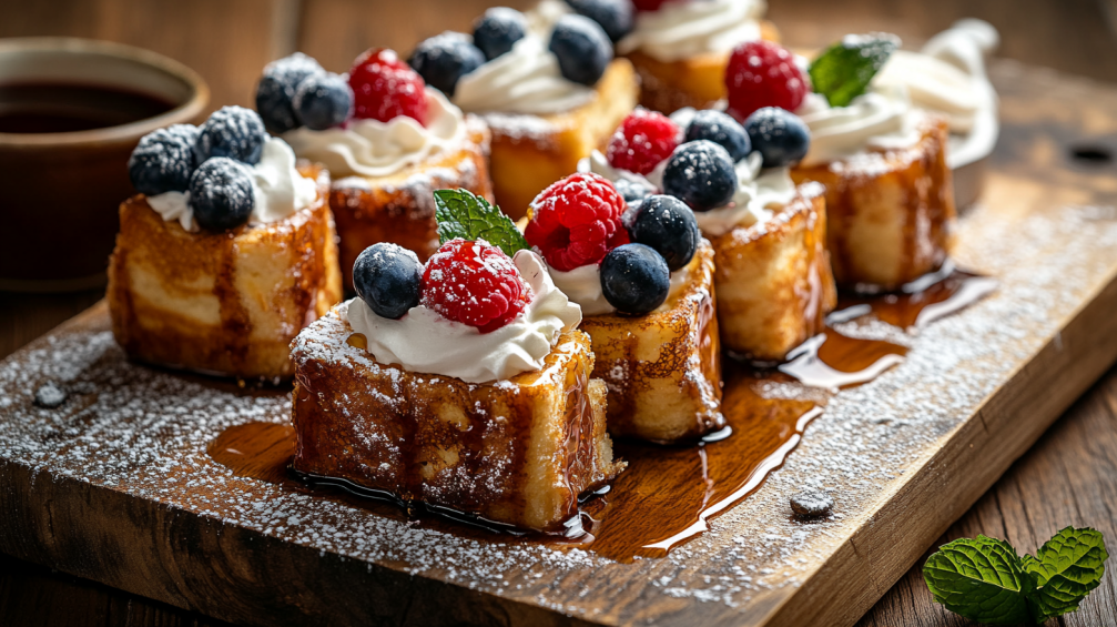 Hawaiian Roll French Toast served on a wooden platter with a variety of toppings, including fresh berries, whipped cream, and a drizzle of caramel sauce.