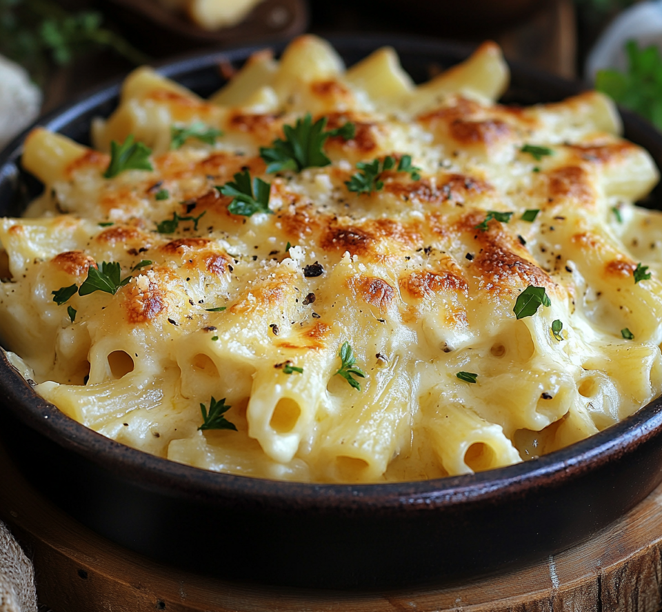 Five Cheese Ziti al Forno Olive Garden dish with golden bubbling cheese and parsley garnish.