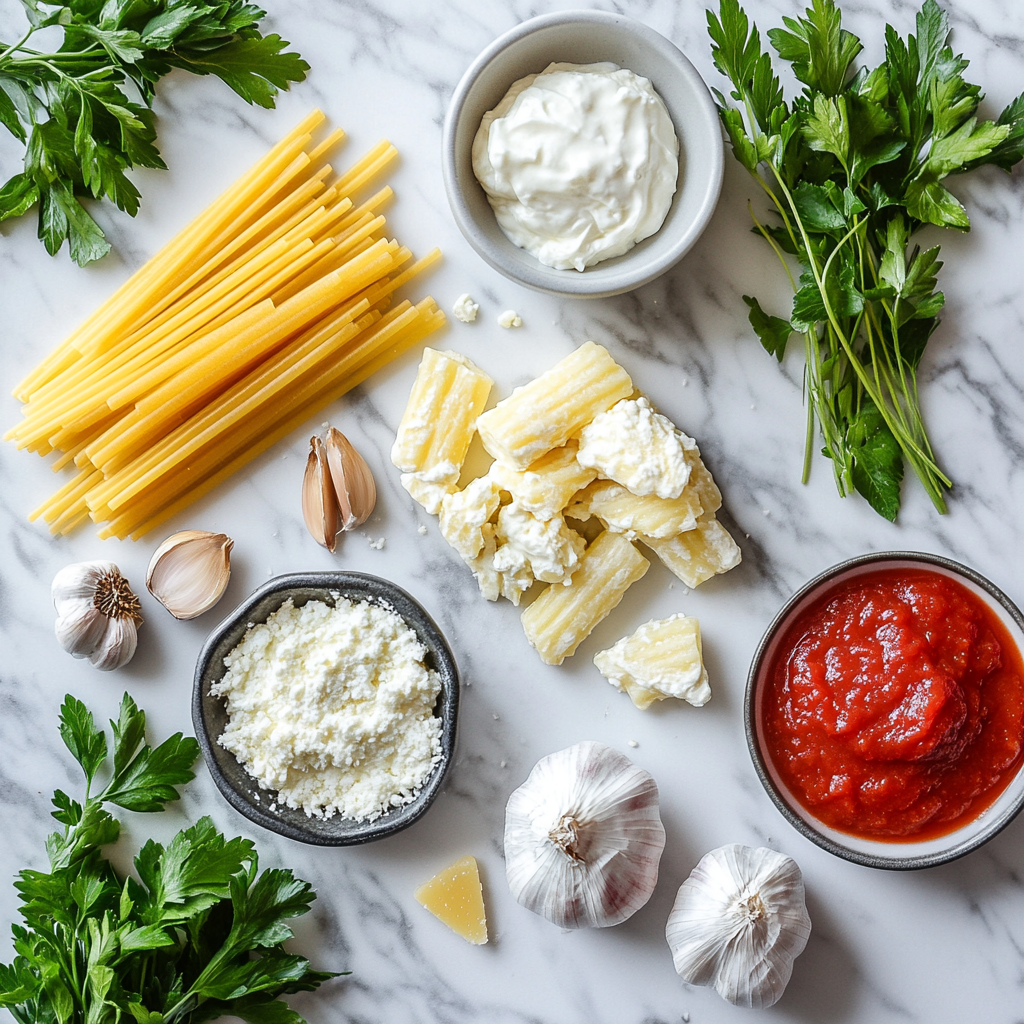 Ingredients for Five Cheese Ziti al Forno Olive Garden recipe, including ziti pasta, cheeses, and sauces.