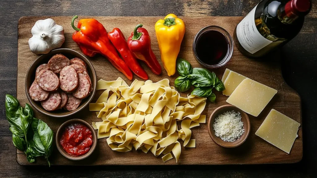 Ingredients for Italian drunken noodles, including pasta, sausage, bell peppers, tomatoes, garlic, basil, wine, and Parmesan cheese.