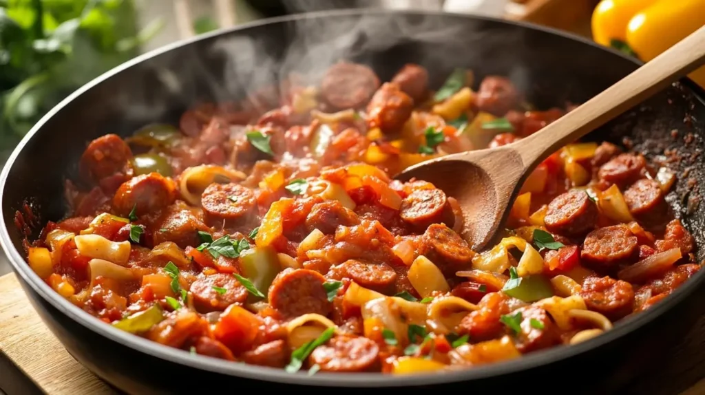 A skillet of Italian drunken noodles with pasta, sausage, and peppers being tossed in wine-infused tomato sauce.