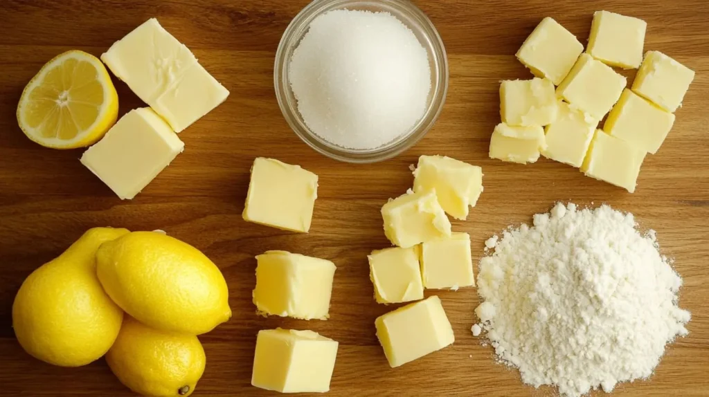 Ingredients for lemon brownies arranged on a wooden countertop, including butter, lemon zest, and sugar.