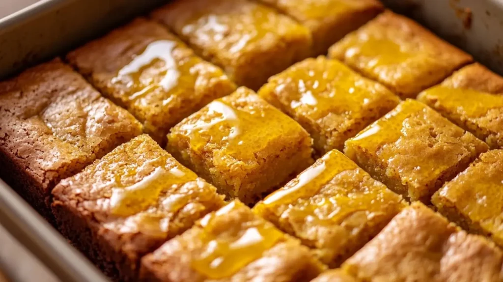 Baking lemon brownies in a square pan with a golden crust and lemon glaze.