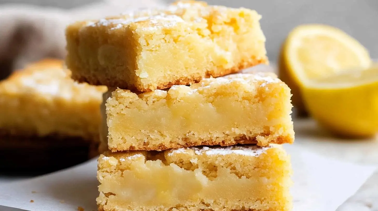 A batch of lemon brownies on a rustic wooden table with a smooth lemon glaze.