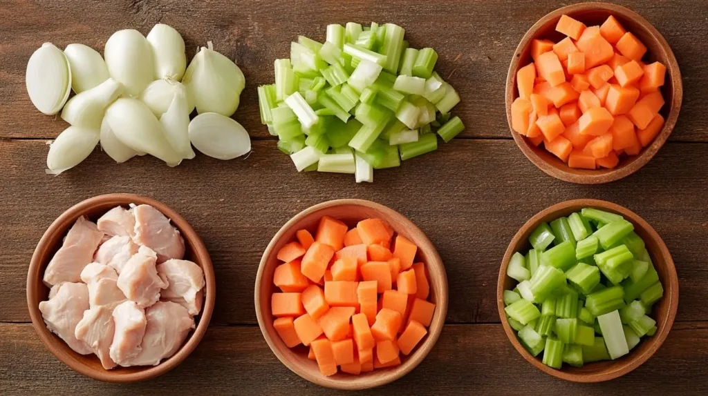 Ingredients for marry me chicken soup arranged on a wooden countertop, including chicken, carrots, and celery.