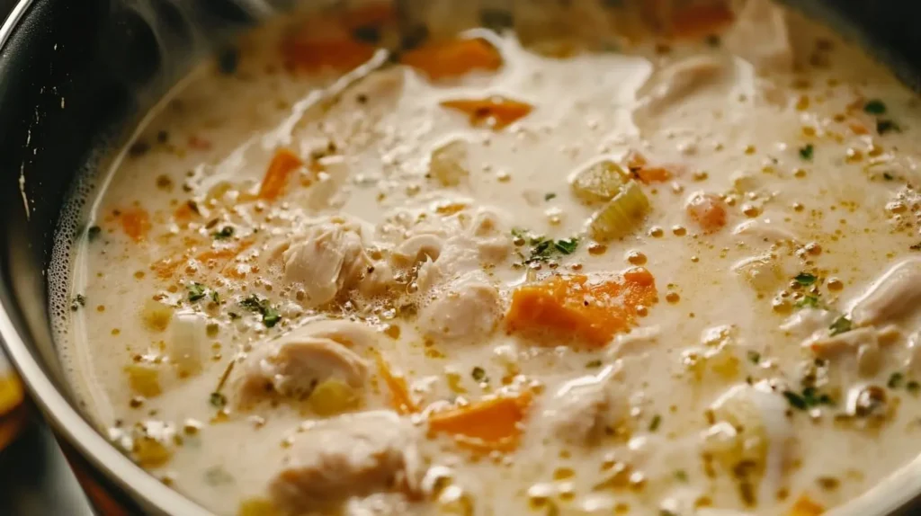 Marry me chicken soup simmering in a pot with chicken, vegetables, and creamy broth.