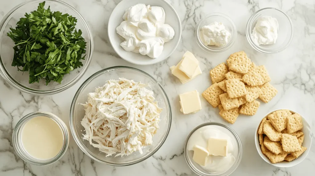 Ingredients for Million Dollar Chicken Casserole, including shredded chicken, cream cheese, sour cream, and Ritz crackers, on a marble countertop.