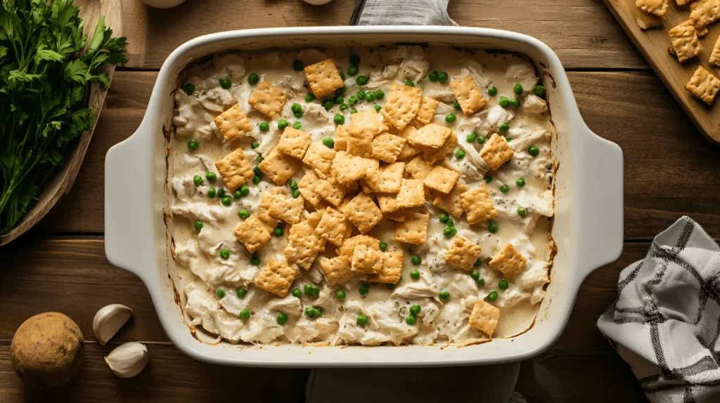 Million Dollar Chicken Casserole being assembled with a creamy chicken filling and buttery cracker topping in a baking dish.