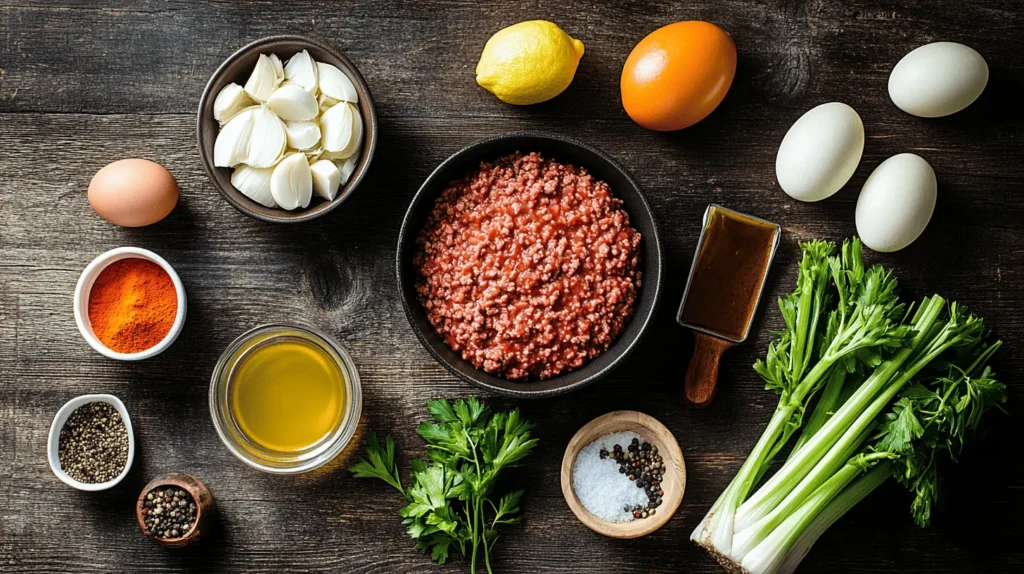 Ingredients for Mock Turtle Soup, including ground beef, vegetables, hard-boiled eggs, and spices, arranged on a wooden countertop.