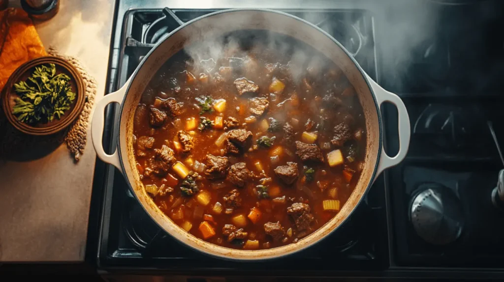 Pot of Mock Turtle Soup simmering on the stove with beef, vegetables, and rich broth.