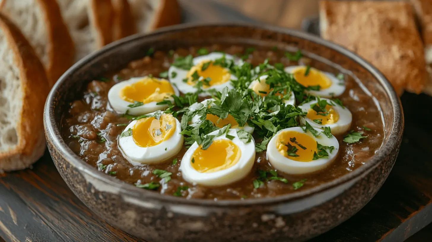 Mock Turtle Soup in a bowl, garnished with hard-boiled eggs and parsley, served with crusty bread.