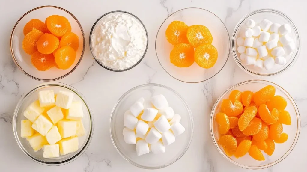 Flat lay of Orange Fluff Salad ingredients, including Jell-O powder, cottage cheese, fruits, and marshmallows.