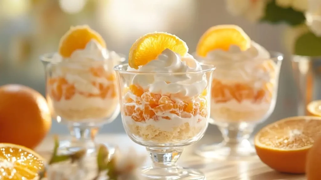 Individual servings of Orange Fluff Salad in dessert glasses, topped with orange slices and whipped cream.