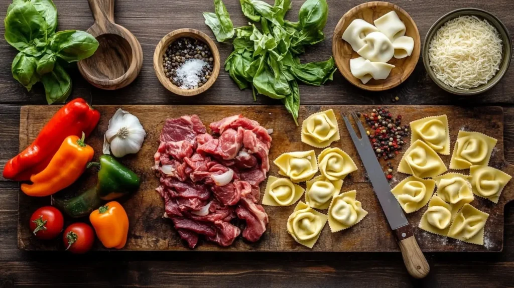 Ingredients for Philly cheesesteak tortellini, including cheese tortellini, steak, onions, bell peppers, and cheese, arranged on a wooden countertop.