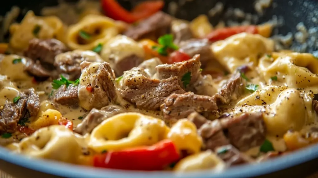 Close-up of Philly cheesesteak tortellini being stirred in a skillet with steak, peppers, onions, and creamy cheese sauce.