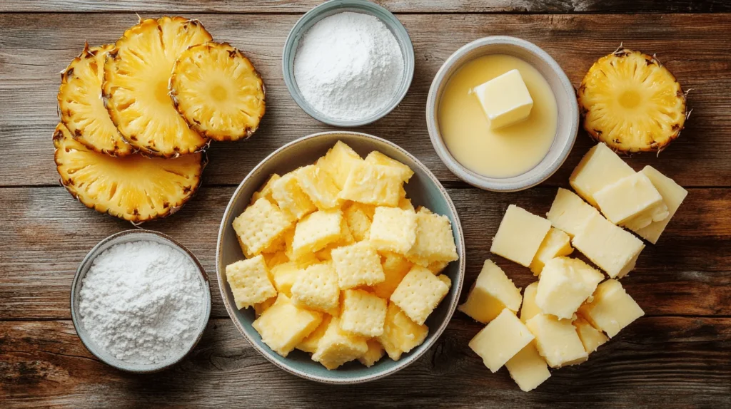 Ingredients for Pineapple Casserole, including pineapple chunks, cheese, crackers, butter, sugar, and flour, arranged on a wooden countertop.