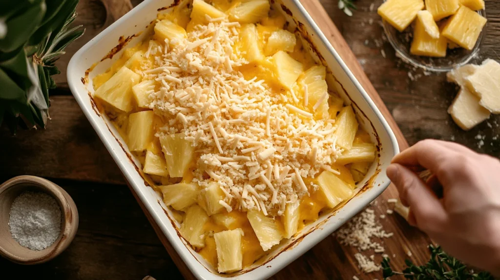 Assembling Pineapple Casserole with layers of pineapple, cheese, and cracker topping in a baking dish.