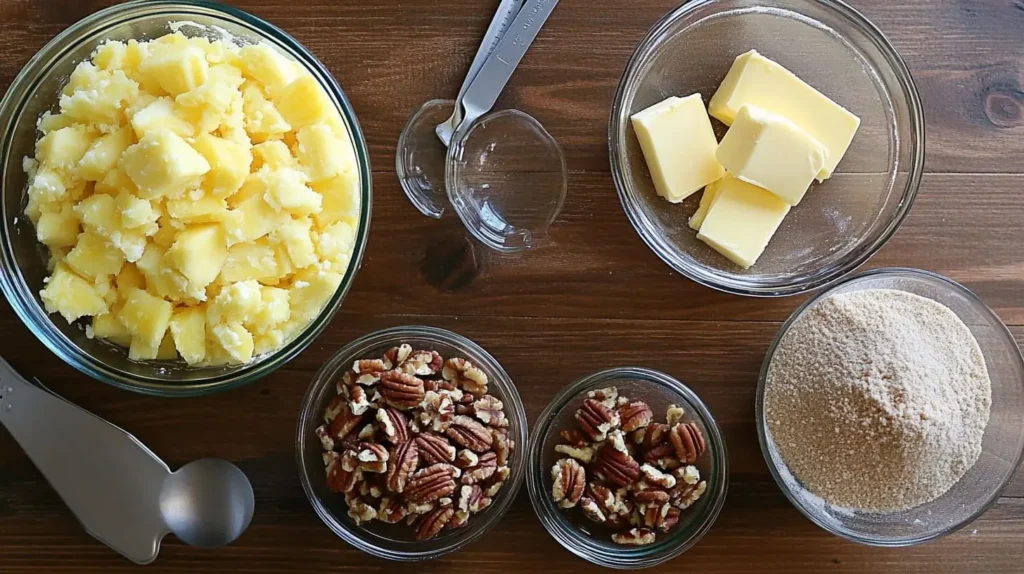 Ingredients for pineapple dump cake, including pineapple, cake mix, butter, pecans, and brown sugar, arranged neatly on a wooden table.