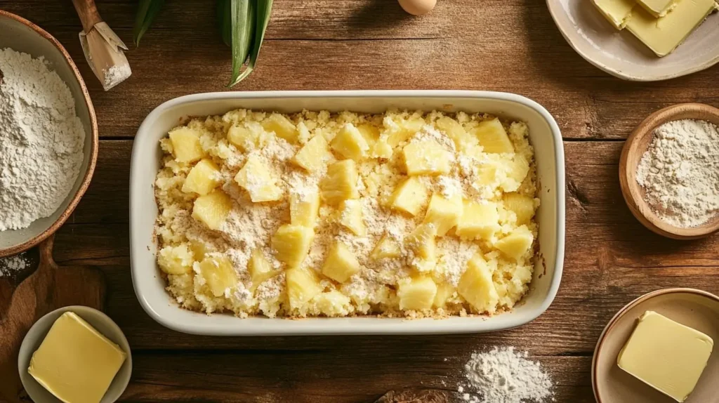 A step-by-step process of making pineapple dump cake, with pineapple layered at the bottom, cake mix, and butter slices in a baking dish.