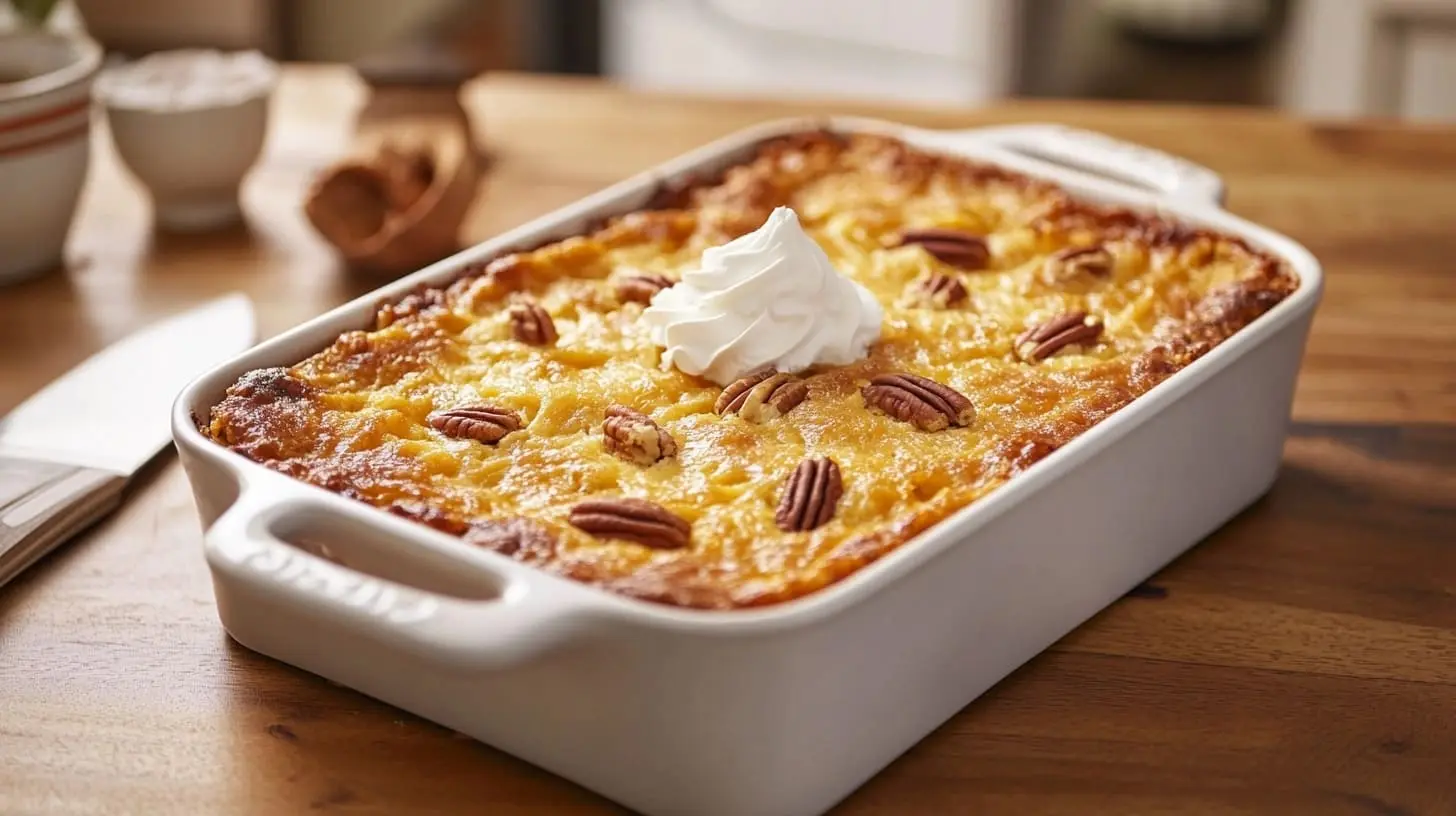 A golden-brown pineapple dump cake in a baking dish, topped with whipped cream and pecans, served on a wooden table.