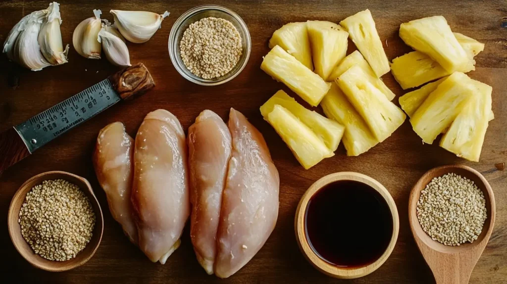 Ingredients for pineapple teriyaki chicken including soy sauce, fresh pineapple, garlic, ginger, and chicken breasts on a wooden countertop.