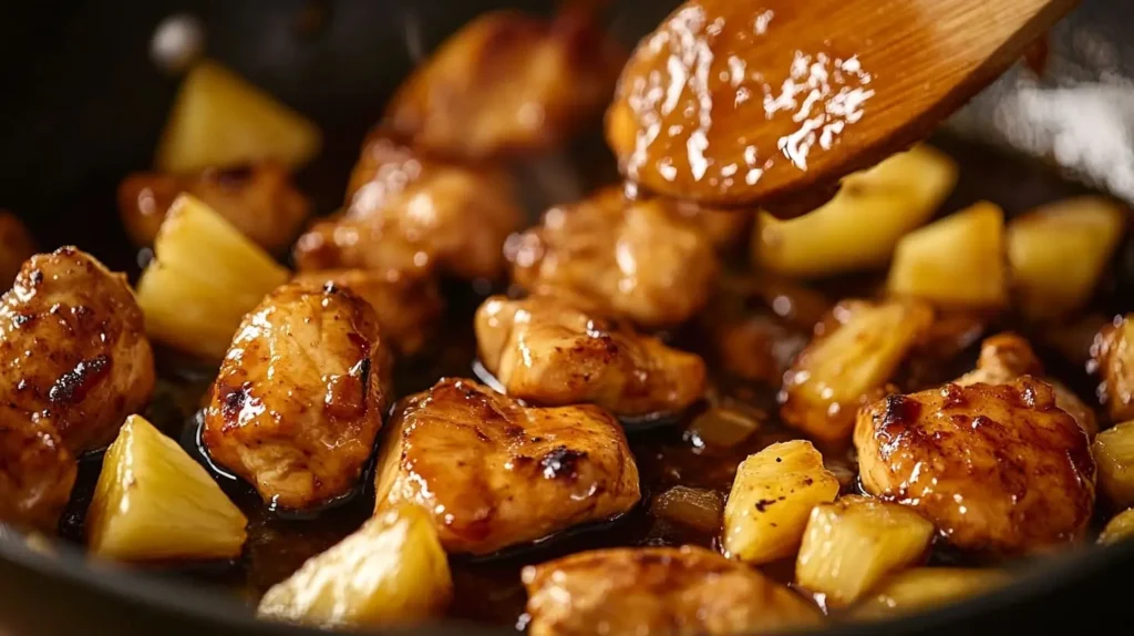 Glazing pineapple teriyaki chicken with teriyaki sauce in a skillet, with pineapple chunks visible on the chicken.