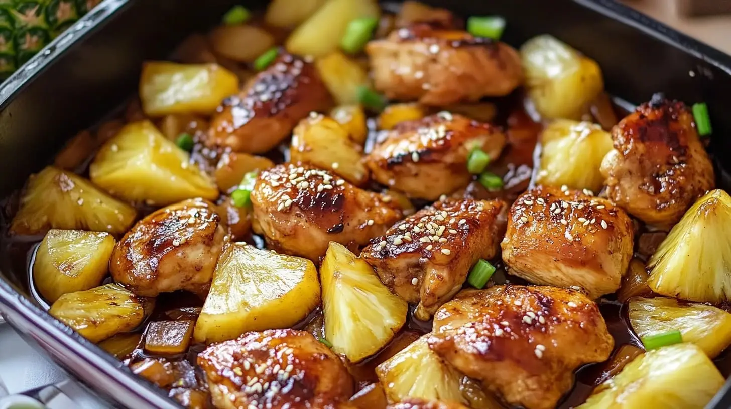 Juicy pineapple teriyaki chicken glazed with teriyaki sauce, garnished with pineapple chunks, sesame seeds, and green onions.