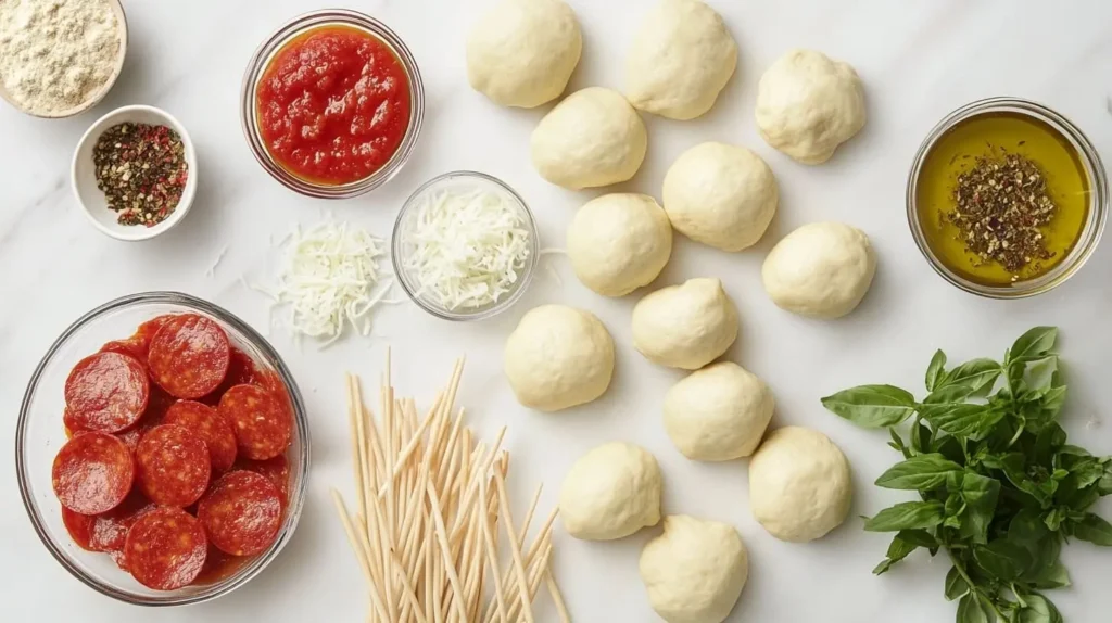 Flat lay of Pizza Bites ingredients, including dough, cheese, sauce, and toppings.