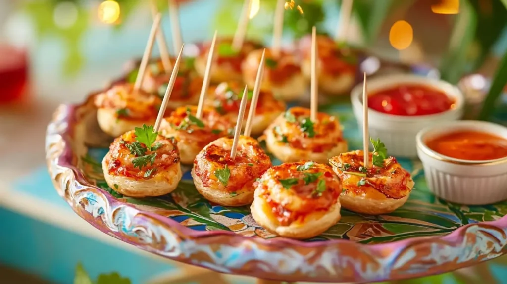 Pizza Bites served on a decorative tray with dipping sauces and garnishes for a party.