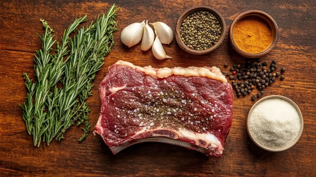 Ingredients for prime rib rub arranged on a wooden countertop, including garlic powder, rosemary, and thyme.