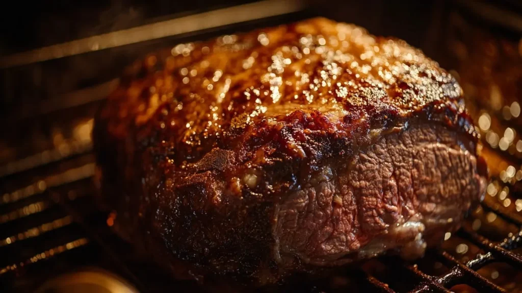 Prime rib roast cooking in the oven with a golden-brown crust and tender meat.