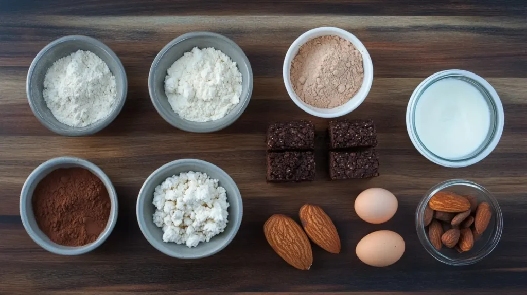 Ingredients for protein brownies including protein powder, almond flour, cocoa powder, eggs, and Greek yogurt on a wooden countertop.