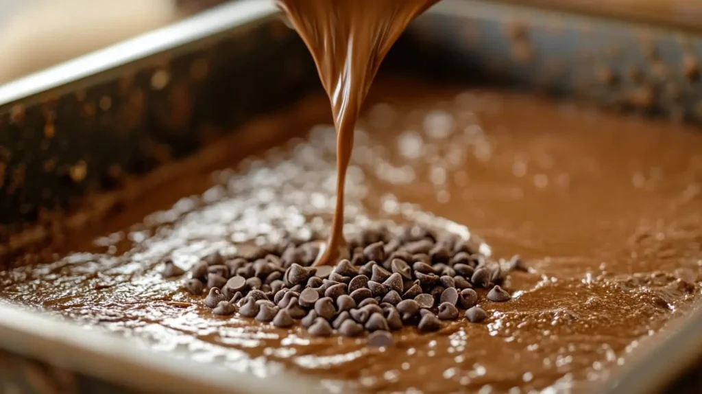 Close-up of protein brownie batter being poured into a pan, with chocolate chips and almond flour visible in the mixture.