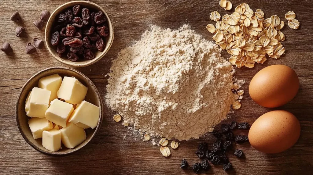 Ingredients for Quaker oatmeal cookies arranged on a rustic wooden countertop, including oats, flour, butter, and chocolate chips.