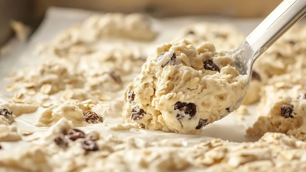 Quaker oatmeal cookie dough being spooned onto a baking sheet, with oats, raisins, and chocolate chips.