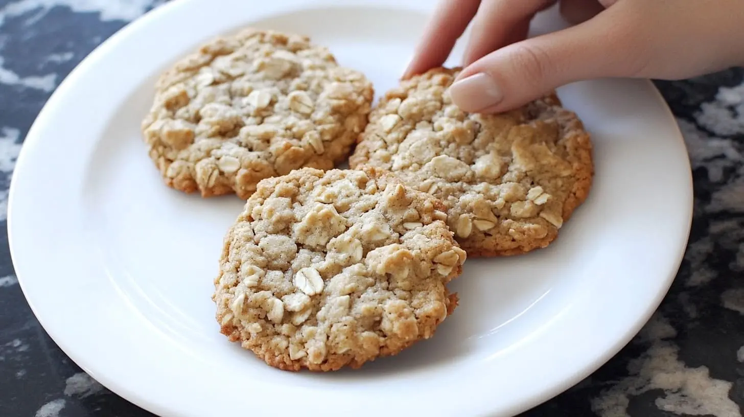 A freshly baked batch of Quaker oatmeal cookies on a rustic wooden table, with a chewy texture and a mix of raisins, chocolate chips, and nuts.