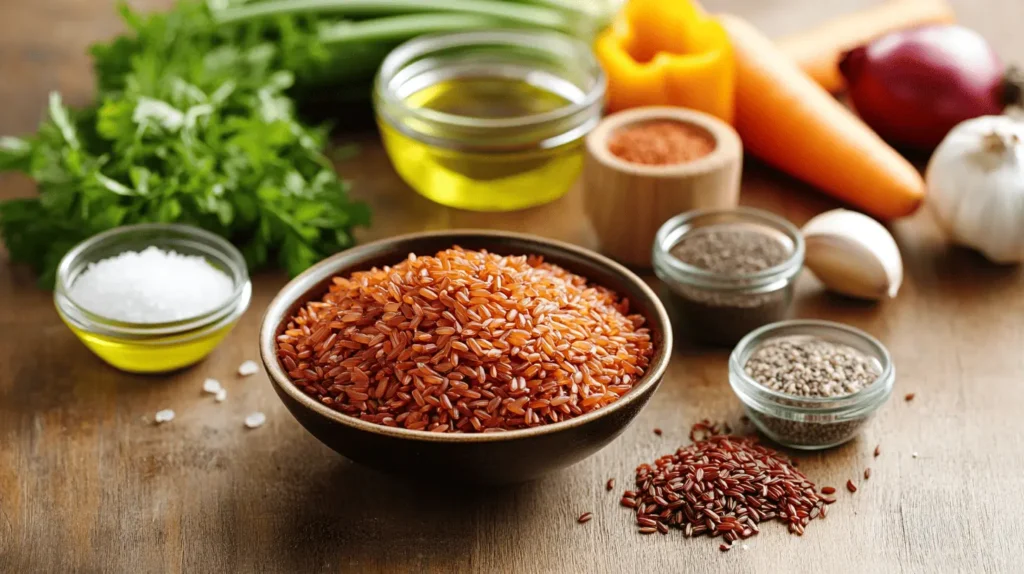 Ingredients for red rice recipe, including red rice grains, olive oil, garlic, onion, and vegetables, arranged neatly on a wooden table.