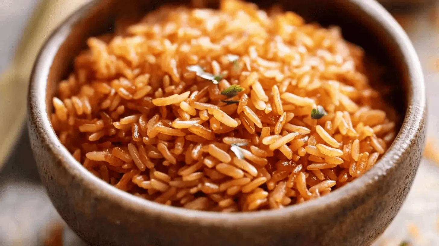 Bowl of red rice served on a wooden table with fresh vegetables and herbs, highlighting its nutty texture and vibrant color.