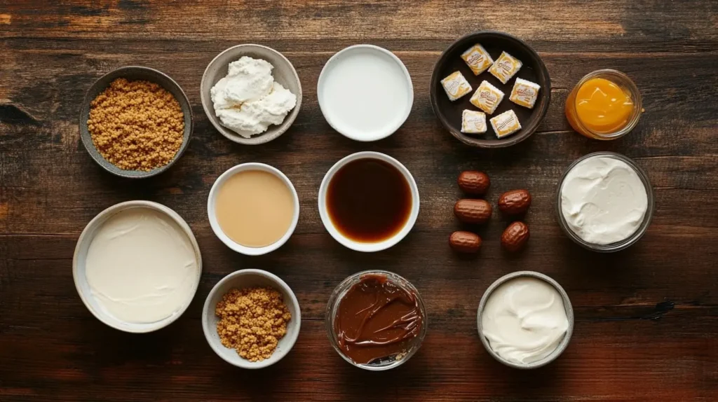 Ingredients for Reese’s caramel cheesecake arranged on a wooden countertop, including cream cheese, Reese's Peanut Butter Cups, and caramel sauce.