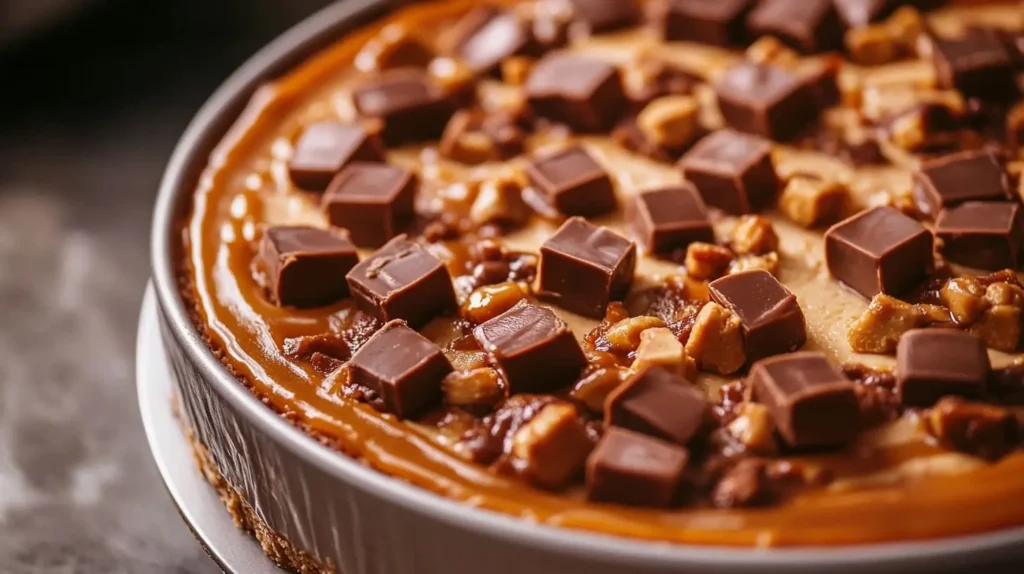 Reese’s caramel cheesecake in a springform pan topped with peanut butter cup chunks and caramel drizzle.