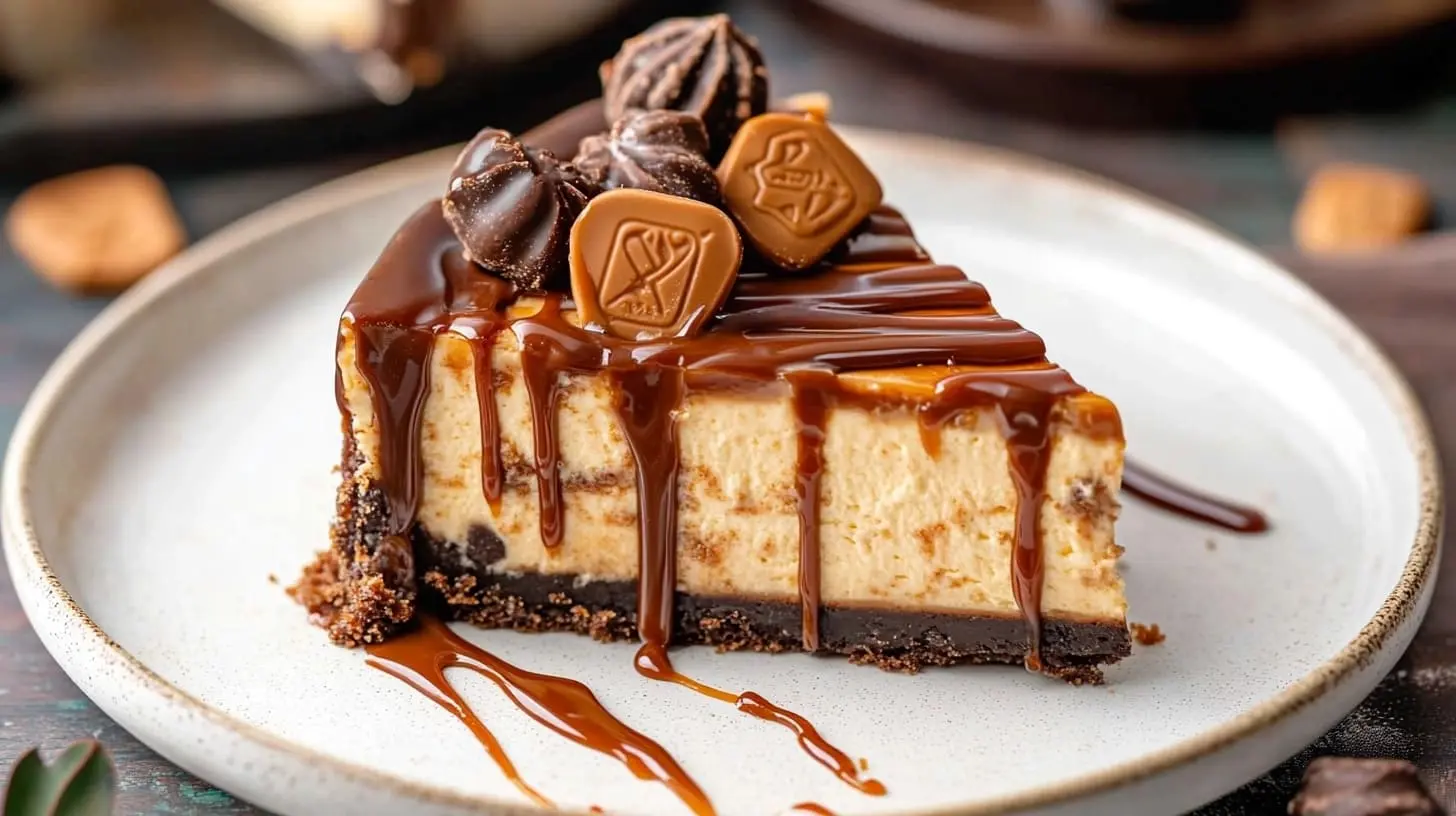 A slice of Reese’s caramel cheesecake on a rustic wooden table with caramel topping and chunks of Reese’s Peanut Butter Cups.