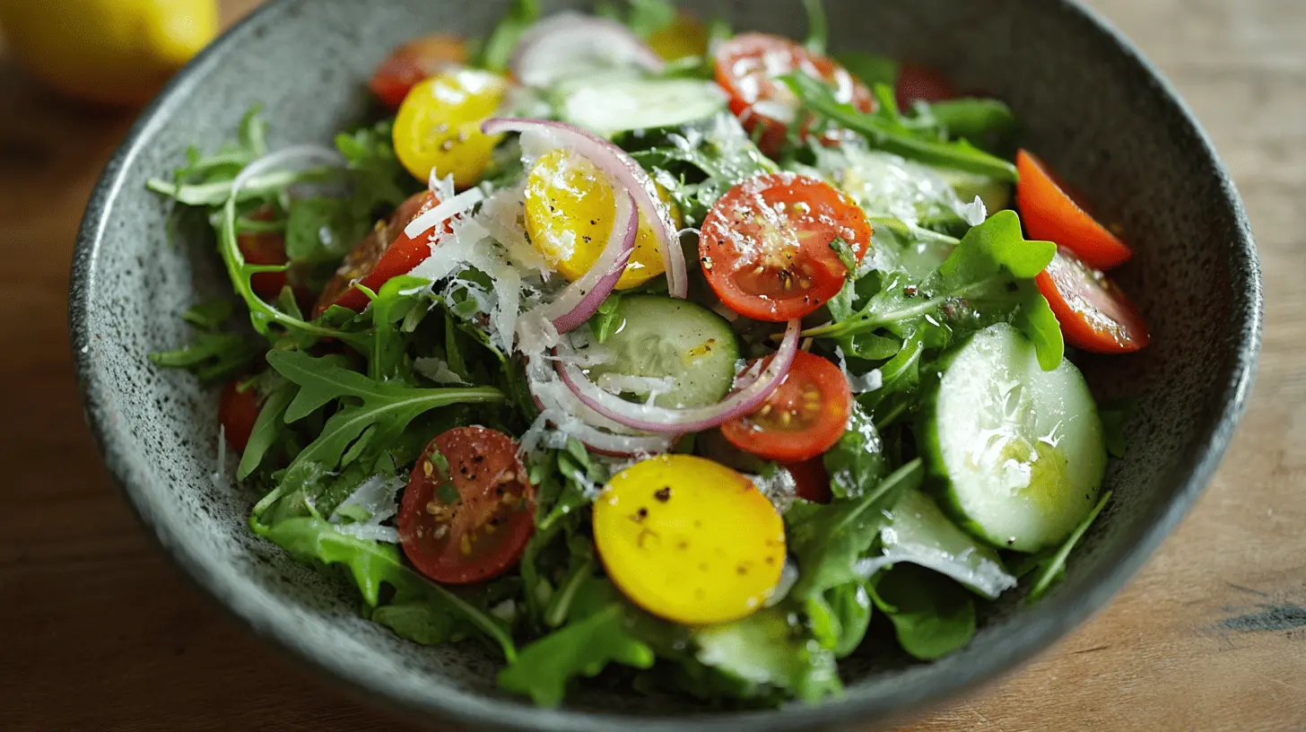 A vibrant rocket salad on a wooden table with cherry tomatoes, cucumber, and parmesan, drizzled with olive oil and lemon juice.