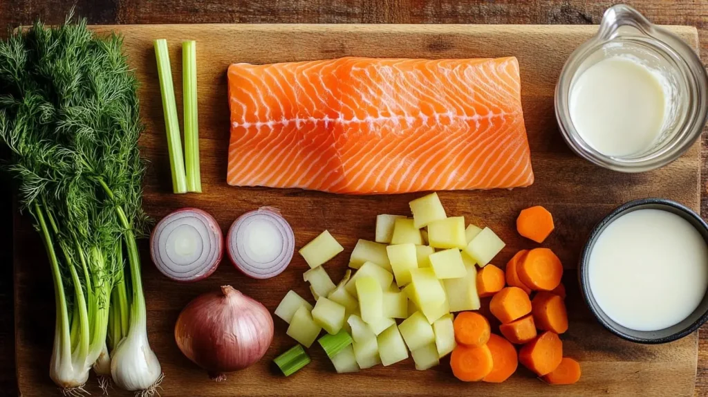 Ingredients for salmon soup, including salmon fillet, diced vegetables, garlic, dill, cream, and broth, arranged on a wooden cutting board.