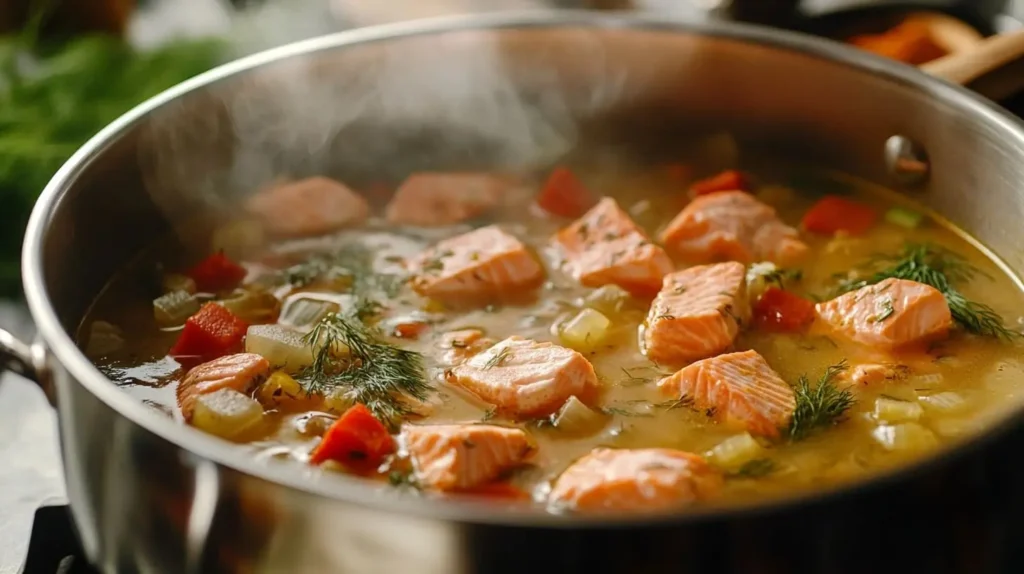 A pot of salmon soup cooking on the stove with salmon chunks, vegetables, and a creamy broth, with steam rising.